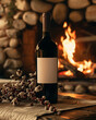 Wine Bottle Mockup Displayed in a Cozy Fireplace Setting - Evoking Warmth and Comfort with a Kindling Fire in the Background - Stone and Wooden Details - Blank Label with No Text
