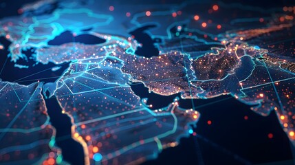 Wall Mural - Abstract digital map of the Middle East, concept of  global network and connectivity, data transfer and cyber technology, information exchange and telecommunication	
