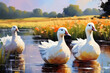 White goose cute animals oil painting. Funny birds on nature background.