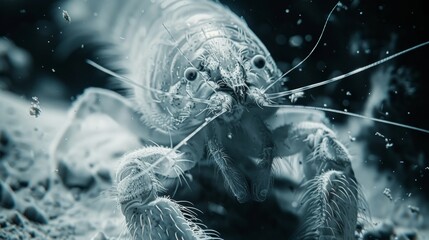 Wall Mural -   A tight shot of a large insect against a monochrome backdrop, adorned with water beads on its exoskeleton