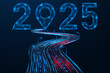 Road to 2025, location indicator at the end of the path. Polygonal design of lines and dots. Blue background.