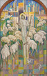 MILAN, ITALY - MARCH 4, 2024: The mosaic of Good Shepherd  in the church Chiesa di Santa Rita da Cascia designed by pater P.Leo Coppens and made by G.B.Salerno (1960-65).