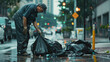 man in yellow raincoat and black coat walking in street with garbage
