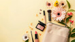 composition with beautiful cosmetics and flowers on color background