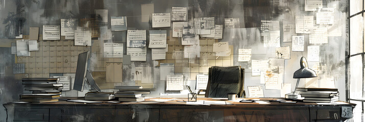 Wall Mural - Top view on messy office desk with laptop, coffee and post it notes all around.