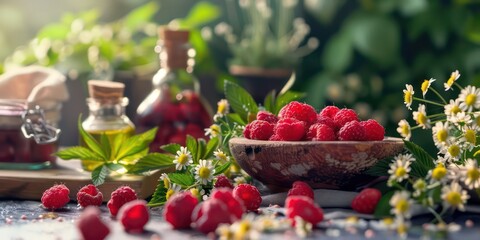 Wall Mural - raspberry seed oil on a beautiful table presentation