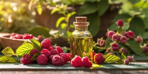 Wall Mural - raspberry seed oil on a beautiful table presentation