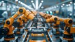 Automated production line with robotic arms assembling products. AI.