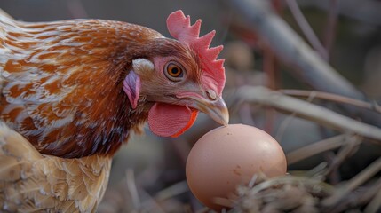 Poster - A close-up of a hen proudly showcasing her newly laid egg, a symbol of fertility, renewal, and the cycle of life.