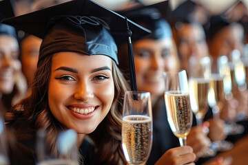 Wall Mural - Group of graduates celebrate with champagne or make toasts with their friends.