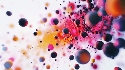 Wall Mural - black and colorful spheres in dynamic movement floating in the air on a white background, nice depth and blur