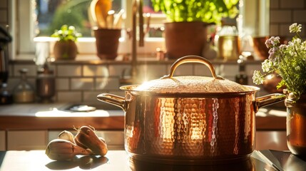 Fototapete - A close-up of a shiny copper pot gleaming on a sunlit kitchen countertop, a timeless symbol of culinary craftsmanship.