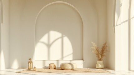 Wall Mural - a room with a large arched window and a vase with a plant in it