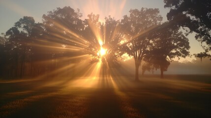 Poster - a sunbeam is shining through the trees in a field of grass