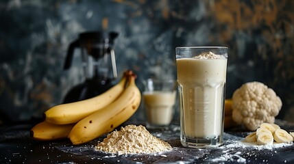 a glass of milk, bananas, and other ingredients on a table with a dark background