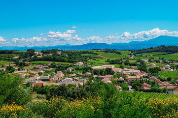 panoramic aerial view of famous wine making village of chateauneuf-du-pape near avignon, provence-al