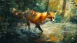 A fox slinks through the underbrush, its fiery coat a splash of color against the muted forest floor, bright water color
