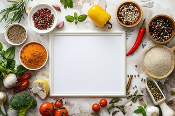 Wall Mural - vegetables and spices with a white frame, nice setting with a white marble background