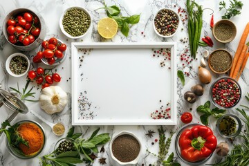 Wall Mural - vegetables and spices with a white frame, nice setting with a white marble background