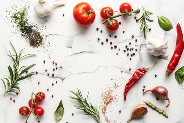 Wall Mural - vegetables and spices with a white frame, nice setting with a white marble background