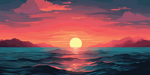 Wall Mural - Ocean Sunset Art, Warm Pink Skies Overlapping Cool Blue Waves at Dusk, Sunset Seascape Vector, Layered Horizon with Sun Reflecting on Water Surface,