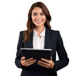 © PNG City - Business woman holding a tablet and smiling happily isolated on a transparent background