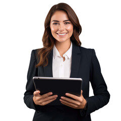 Business woman holding a tablet and smiling happily isolated on a transparent background