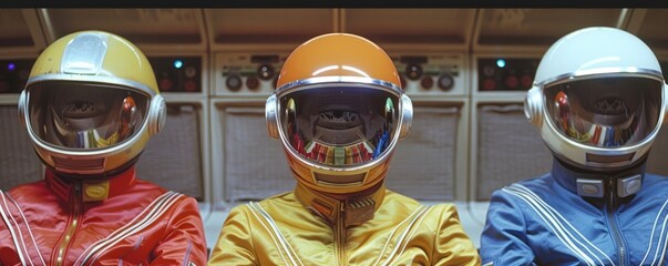 Wall Mural - Group of three science fiction actors on set of a cheesy television show or movie in the 1970s. Colorful uniform with helmet and mask.