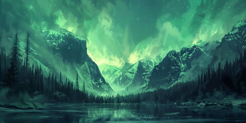 Rocky Mountains with Aurora Borealis. Green Sky Wallpaper with copy-space.