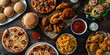 Buffet table scene of take out or delivery foods Pizza hamburgers fried chicken and sides.
