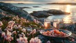 a romantic picnic arranged on the rugged coast of Sweden, featuring fresh shrimp and champagne glasses set against the backdrop of the ocean, accented by vibrant wildflowers.