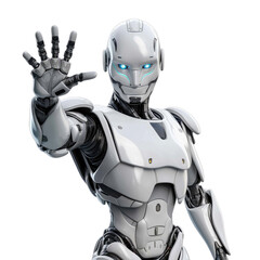 robot Raising hands in greeting. Hello robot. on a transparent background