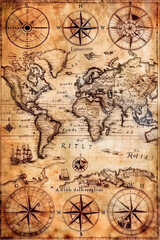  Vintage map of the world with wind rose and compass on old paper