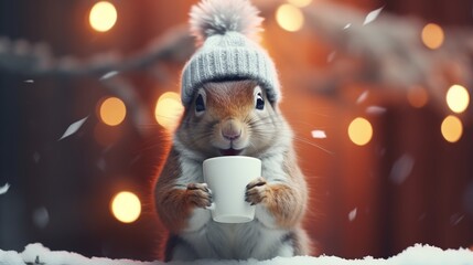 Wall Mural - A cheerful cute squirrel in a knitted hat drinks cocoa from a cup against the background of a winter forest with fir trees, snow and colorful lights.