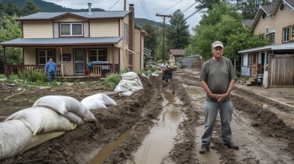 a man standing in front of his flood-damaged house, surrounded by mud and water indicative of a rising river, striving to shield it from the encroaching floodwaters.