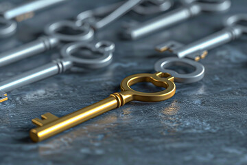 a 3d illustration of a gold key among silver keys, symbolizing the unique solution and leadership in