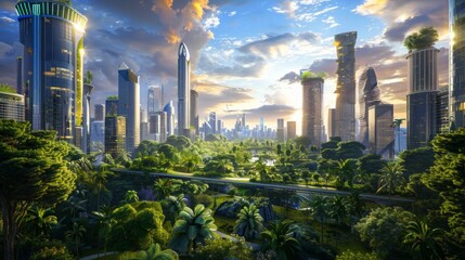Aufkleber - A futuristic cityscape with sleek skyscrapers rising above lush green parks and urban gardens, blending nature and modernity in harmonious coexistence.
