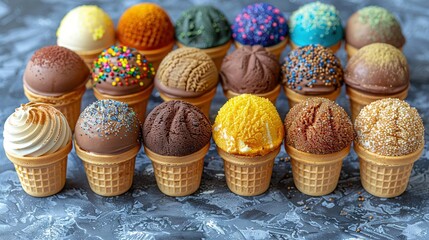 Poster -   An array of ice cream cones adorned with sprinkles and decorations, positioned in a line on a table