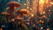 A cluster of vibrant red mushrooms with white spots, likely Amanita muscaria, stands out in a dreamy, enchanted forest setting. They are surrounded by a carpet of green moss and forest debris. The bac