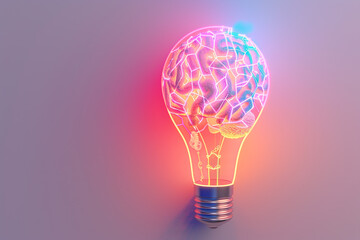 Wall Mural - A 3D rendering of a light bulb with a digital brain pattern glowing in neon colors, against a pastel grey background, symbolizing technology and mind  