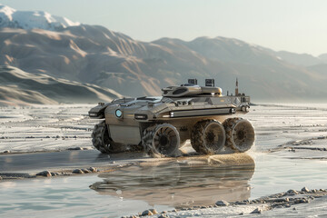 A 3D rendering of an autonomous robotic tank navigating through a hazardous environment 