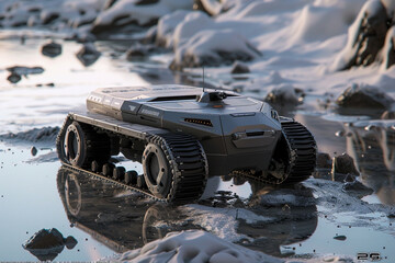 A 3D rendering of an autonomous robotic tank navigating through a hazardous environment 