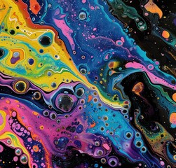 Wall Mural - abstract pattern background with liquid colorful fluid with bubbles and dark tones