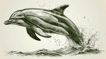 Sticker -  Black & white drawing of a dolphin jumping from water, splashing to its side