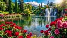 A Rose Garden On The Edge Of The Lake And There Is A Small Waterfall