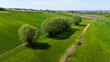 Colorful countryside and farmlands in Ponidzie region of Poland. Aerial drone view