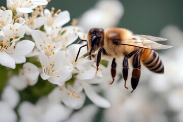 Poster - 'honey honeybee isolated white bee insect animal apis background beautiful beauty bug closeup colours cut detail distribute european eye flower fly garden gathering gold isolate macro nature pollen'