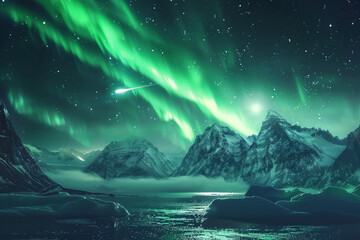 Wall Mural - A breathtaking aurora borealis caused by particles from an asteroids tail, with UFOs blending into the natural light show 