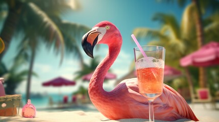 Wall Mural - Bright flamingo bird in sunglasses rests on the beach by the pool under palm trees with a glass of fruit cocktail.