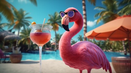 Wall Mural - Bright flamingo bird in sunglasses rests on the beach by the pool under palm trees with a glass of fruit cocktail.